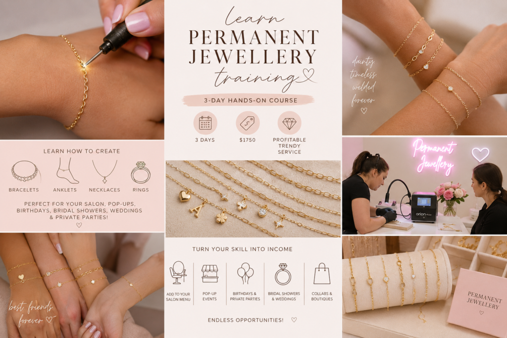 Permanent jewellery training class showing hands-on jewellery application and student practice.