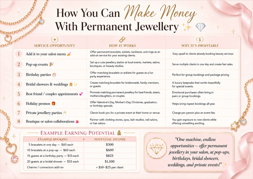 Permanent jewellery training infographic showing ways to make money by offering clasp-free bracelets, anklets, necklaces, and rings through salon services, pop-up events, birthdays, bridal showers, weddings, private parties, and collaborations.